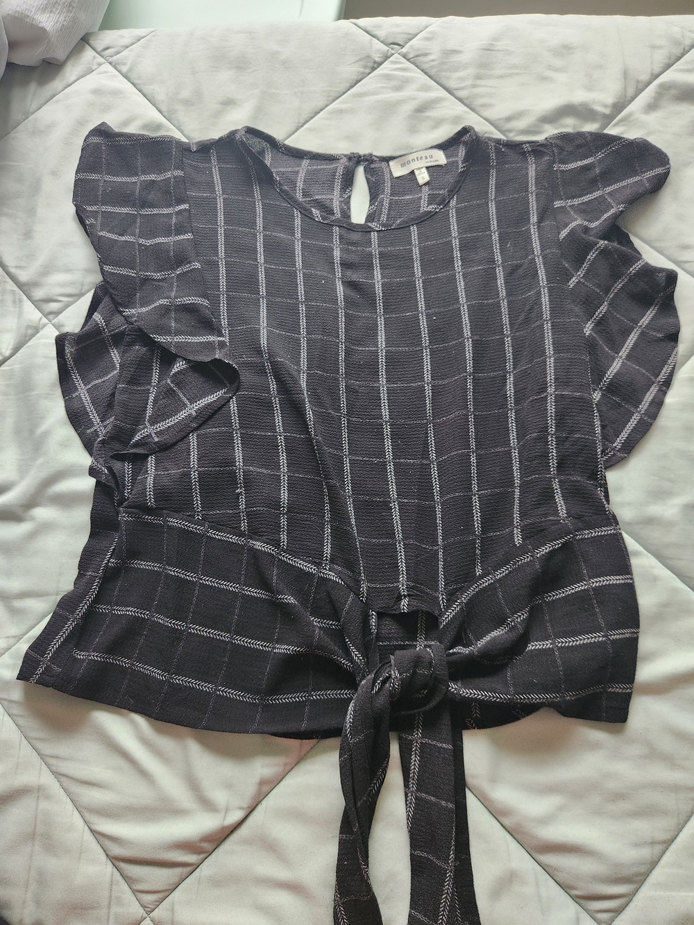 Monteau Black Windowpane Tie-Front Blouse